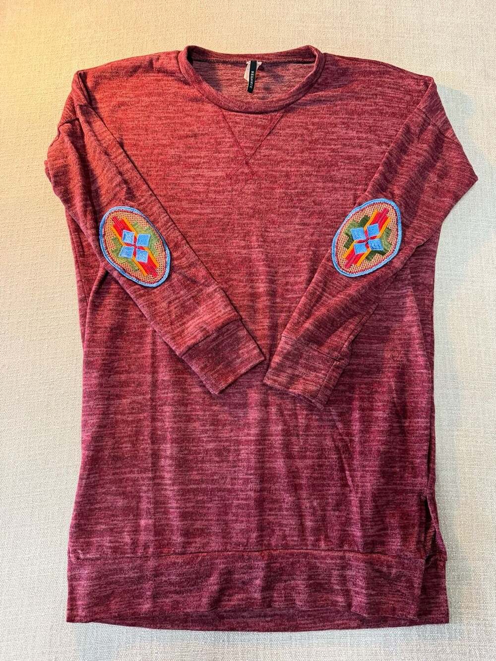 Bellamie Maroon Knit Tunic with Southwest Style Embroidered Elbow Patches